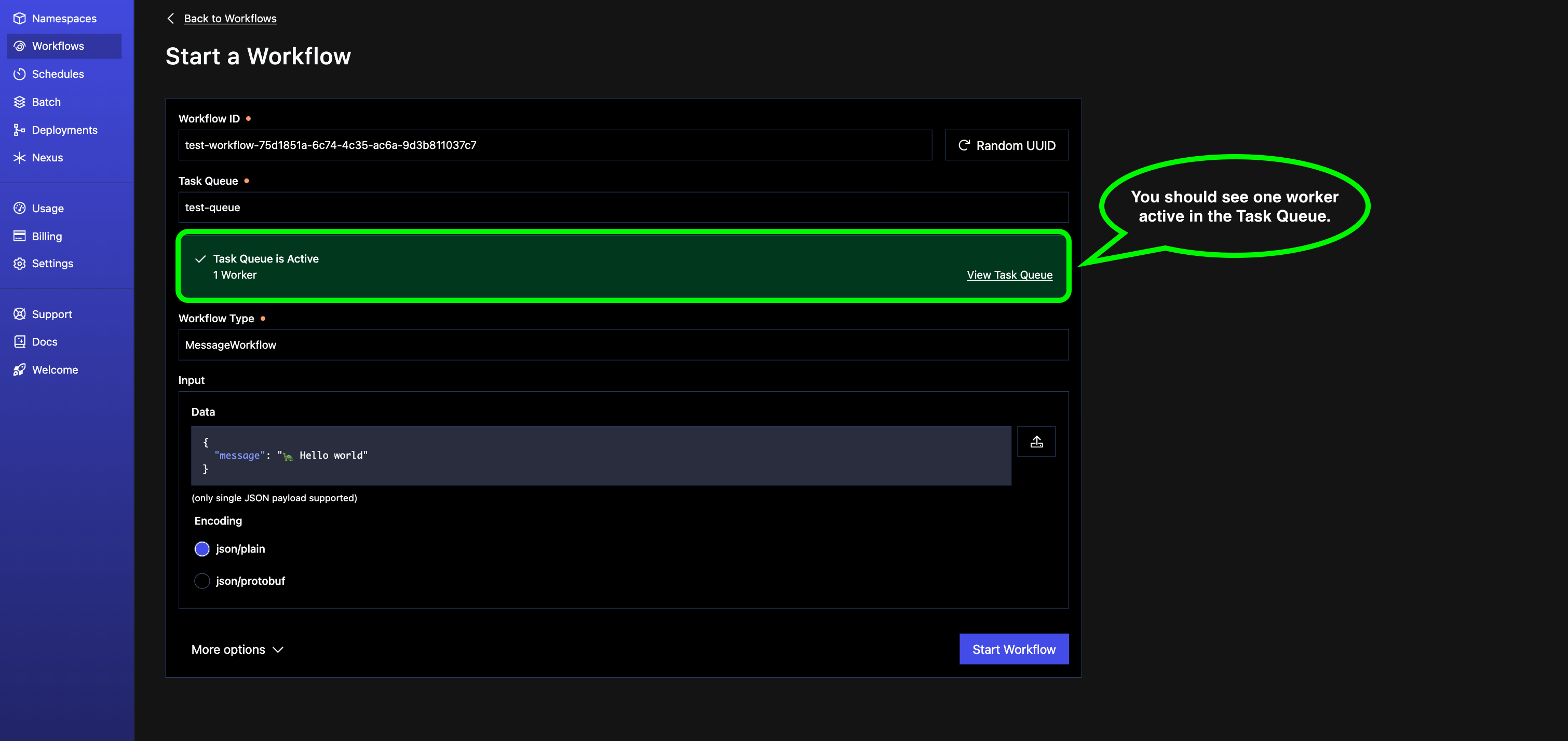 Start Workflow Temporal UI